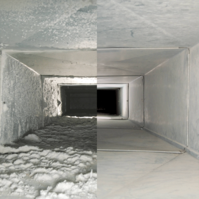 Side-by-side comparison of a dirty air duct before cleaning and the same duct looking pristine after cleaning
