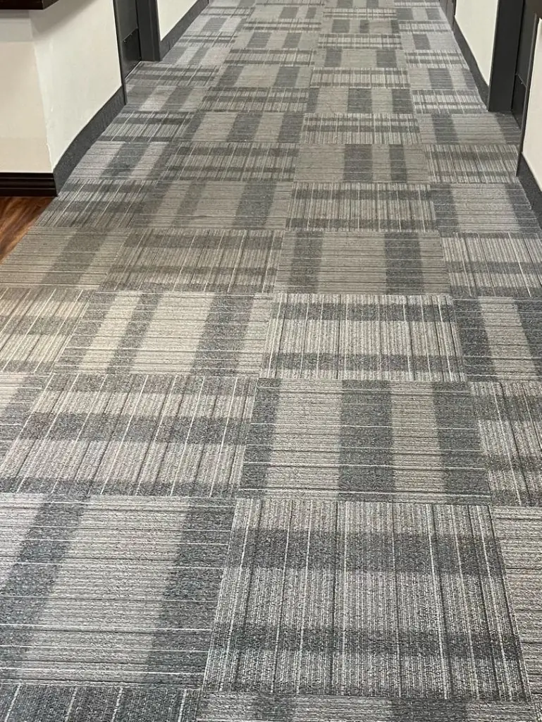 Hallway with clean geometric-patterned carpet in an office building.