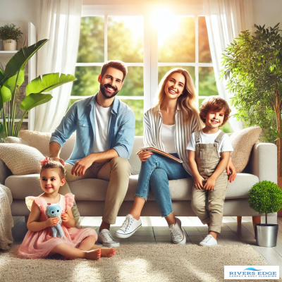 Family sitting on a couch in a bright living room with plants and sunlight.